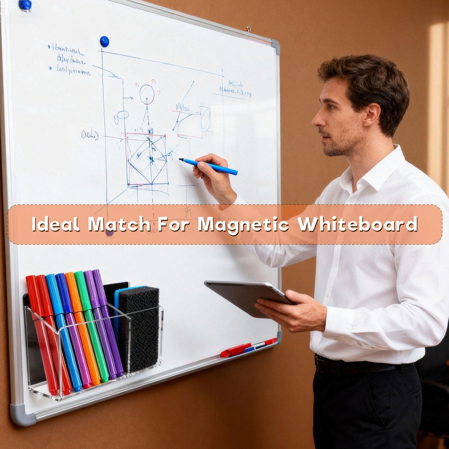 HeCuPMMA Magnetic Dry Erase Marker Holder - Non-Slip Acrylic Pen Organizer with Powerful Magnets for Whiteboard, Refrigerator, Office Desk, Classroom Supplies & Home Organization-Clear