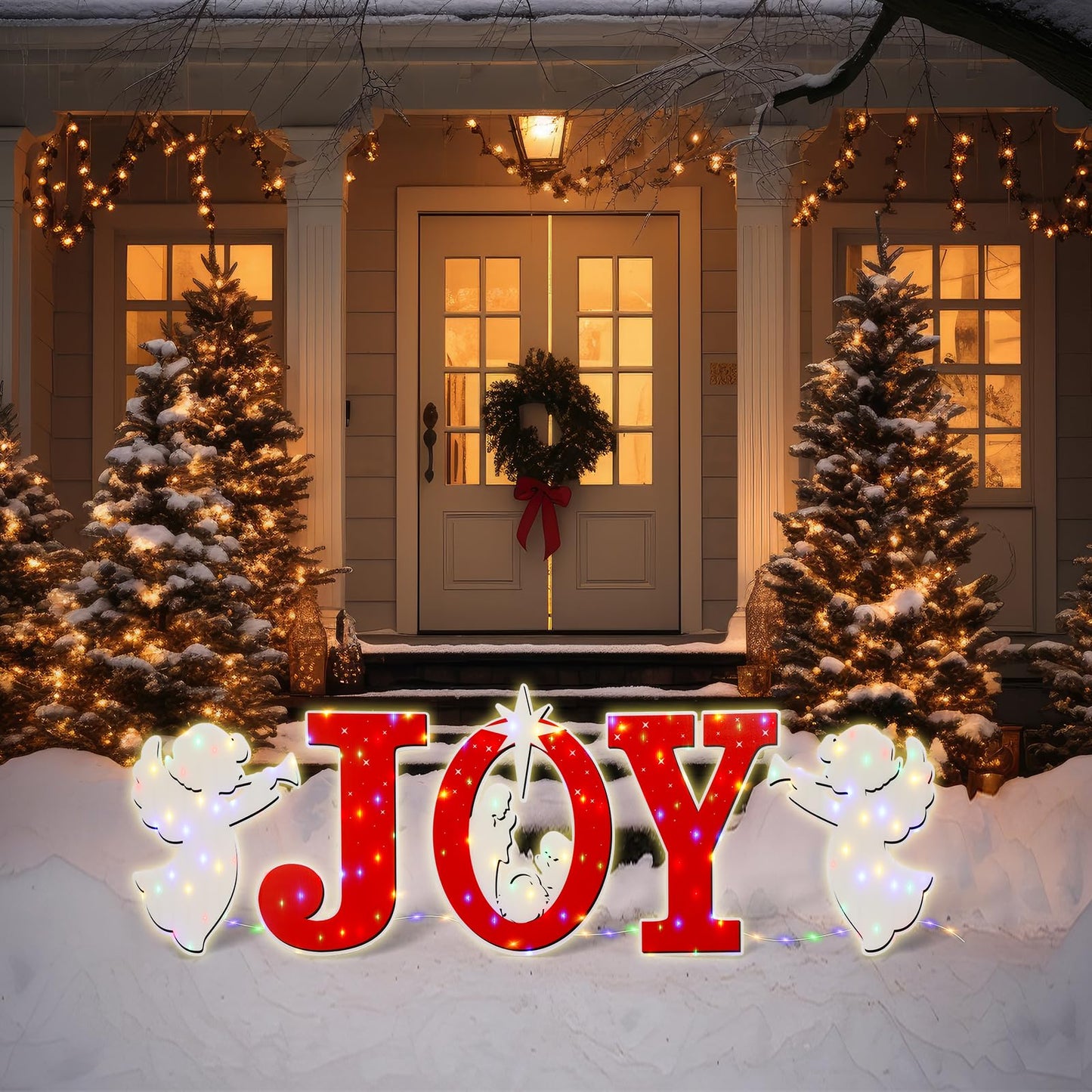 Christmas Joy Nativity Scene Yard Sign with LED String Light Decorations Large Xmas Nativity Lawn Religious Scenes Yard Signs with Stakes for Christmas Eve Night Holiday Xmas Home Outdoor Garden Decor