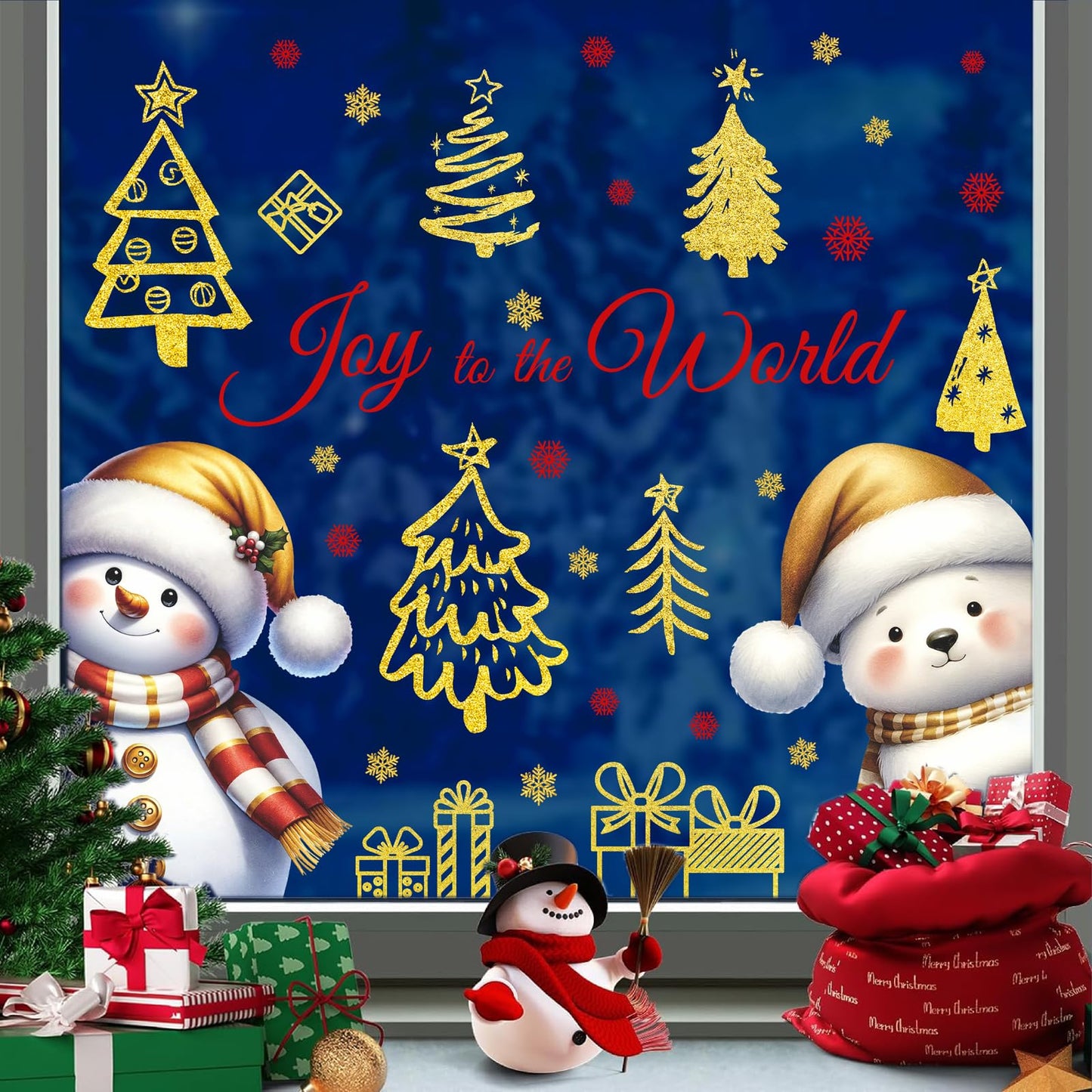 Christmas Window Decorations Stickers Snowman Window Decals Vinyl Christmas Windows Clings Double-Side Xmas Decal Peel and Stick Joy to The World Sticker for Home Xmas Party Supplies Decor