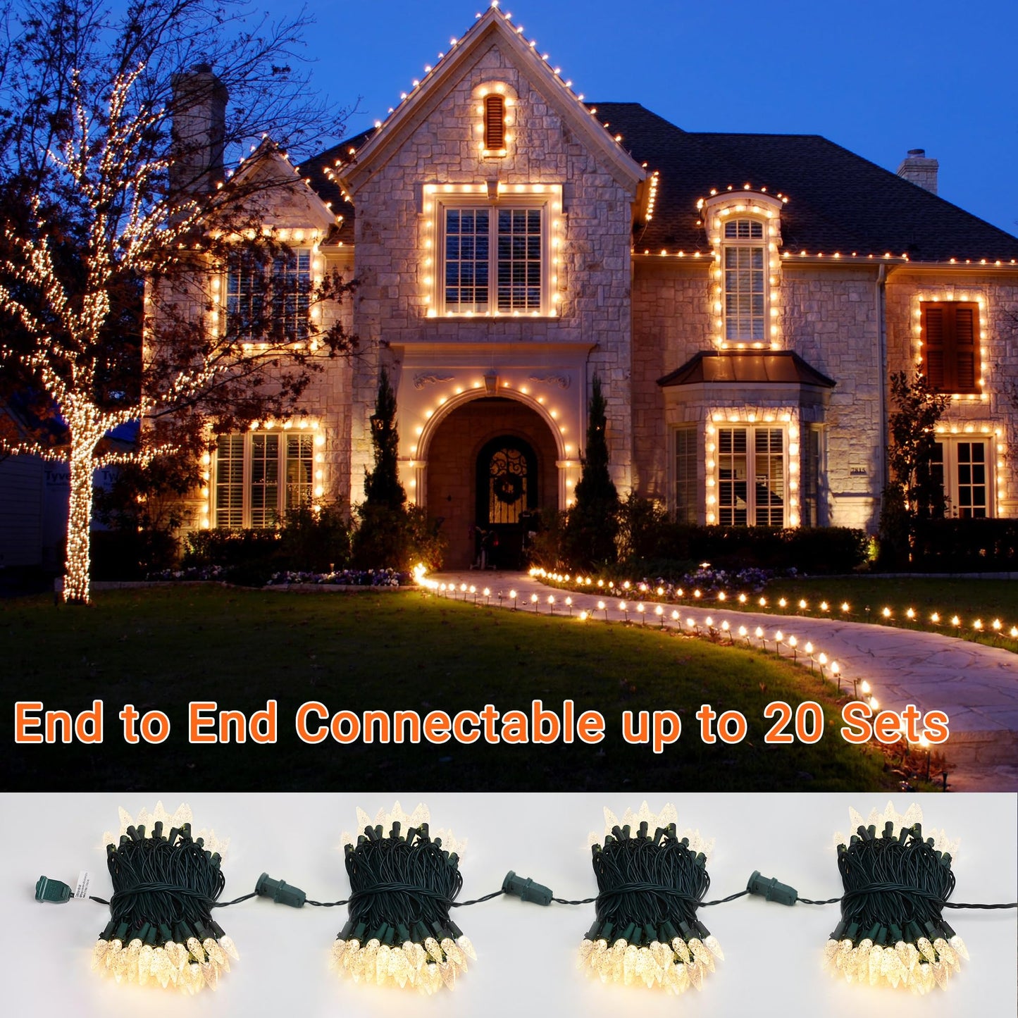 Brizled Christmas Lights Warm White, 33ft 100 LED C5 Faceted Christmas String Lights, 120V UL Certified Xmas Light Connectable Xmas Tree Light Indoor Outdoor for Home Tree Holiday Wedding Patio Decor