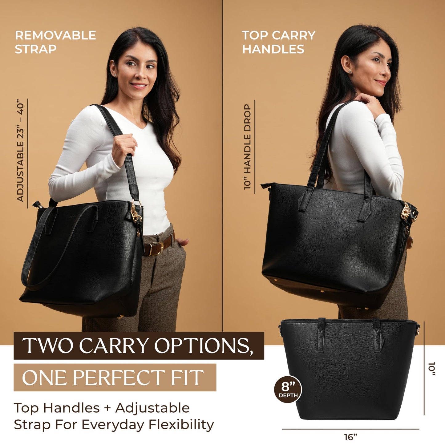 sedena Women’s 16” Laptop Tote Bag – Black Vegan Leather Work Bag with Cupholder, RFID Pockets, Anti-Pickpocket Zipper, Travel Tote with Trolley Sleeve & Detachable Laptop Sleeve