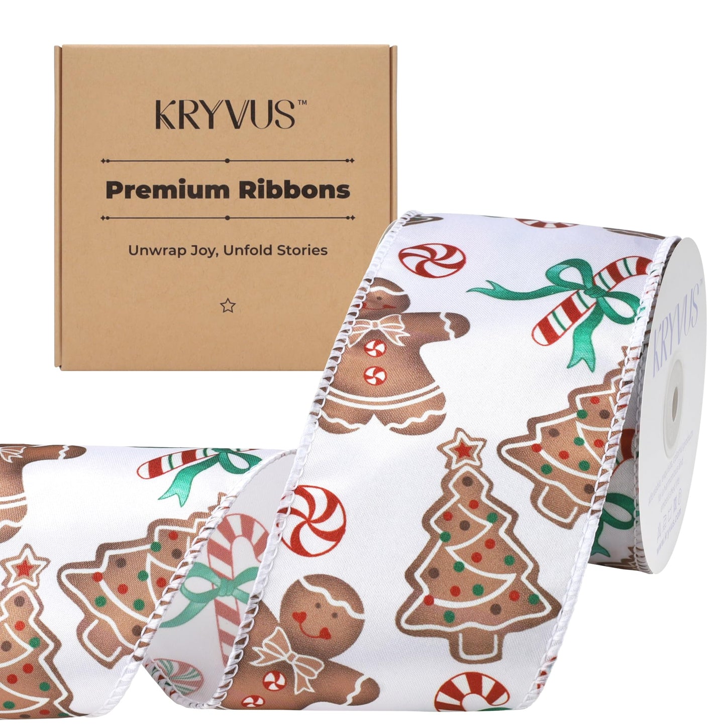 Kryvus Christmas Wired Ribbon, 2.5 Inch X 10 Yards Gingerbread Candy Canvas Satin Ribbon with Wired Edge, Perfect for Home Wreath DIY Craft Decoration Supplies Gift Wrapping