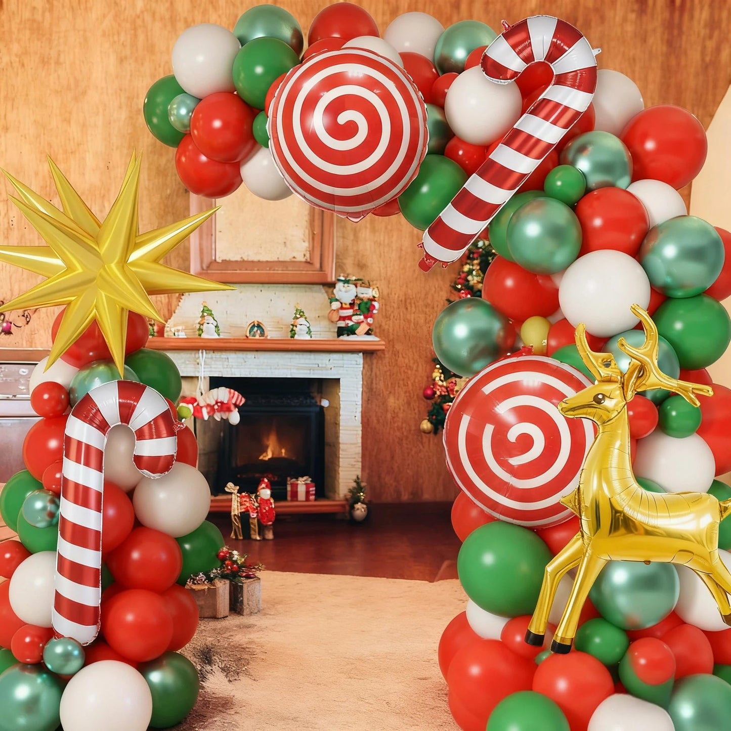 Christmas Balloons Garland Arch Kit Red White Green Xmas Decoration Balloon with Candy Gingerbread Elk Santa Claus Merry Christmas Foil Balloons for New Year Winter Holiday Christmas Party Decorations