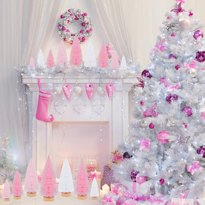Leyndo 9 Pcs Pink Classic Artificial Mini Christmas Tree Sisal Bottle Brush Trees with Wood Base Christmas Pine Trees for Autumn Winter Holiday Home Kitchen Party Decor