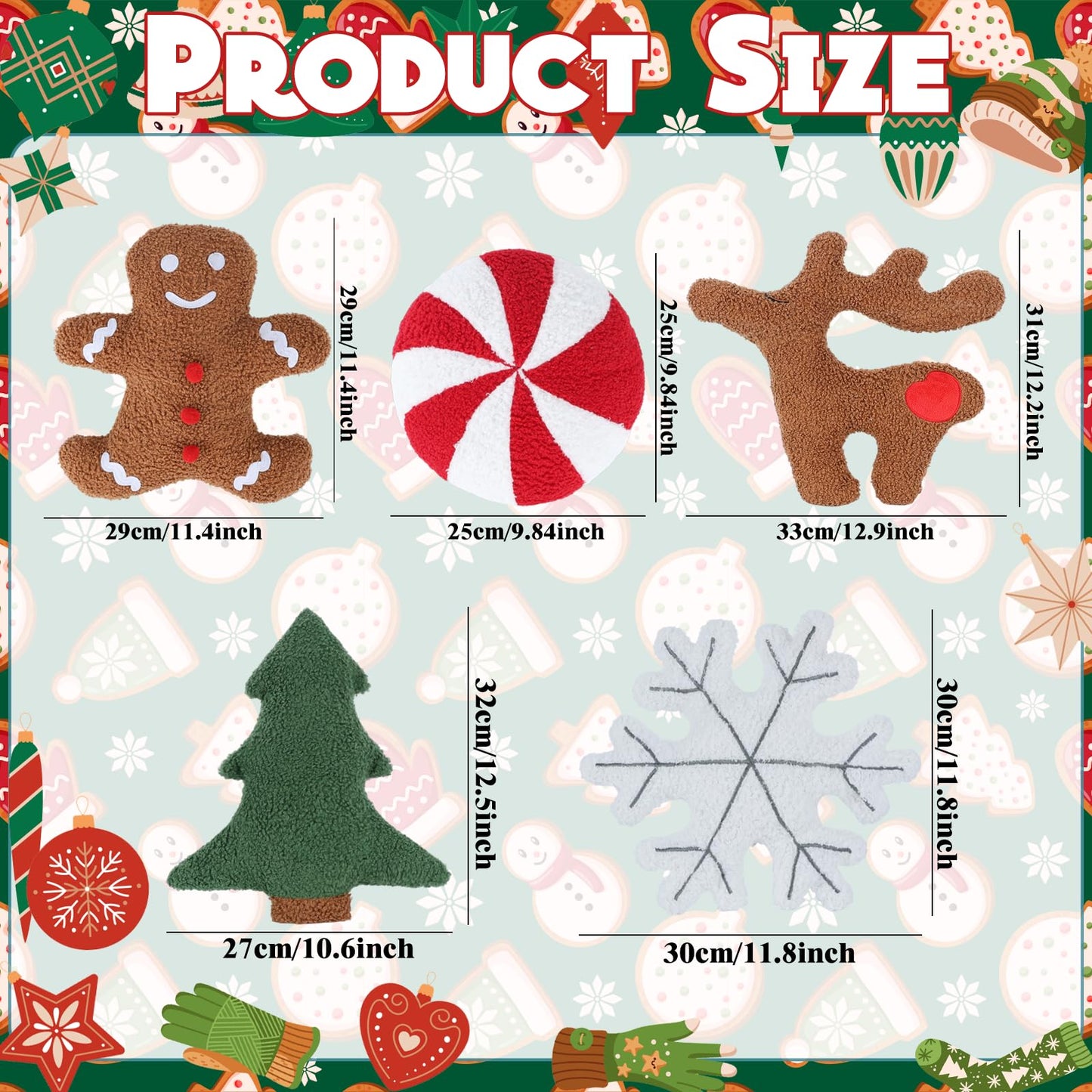 Cumule 5 Pcs Christmas Throw Pillows Cute Xmas Tree Candy Gingerbread Reindeer Snowflake Shaped Plush Pillow for Christmas Winter Holiday Party Outdoor Bedroom Cushion Decoration