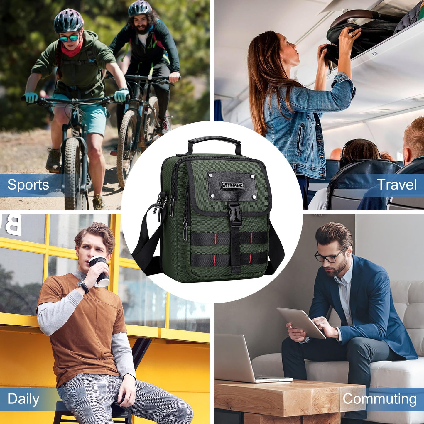 WITZMAN Crossbody Bag for Men Casual Messenger Bag Satchel Nylon Shoulder Bag Lightweight Man Purse for Work Travel（B708 Army Green）