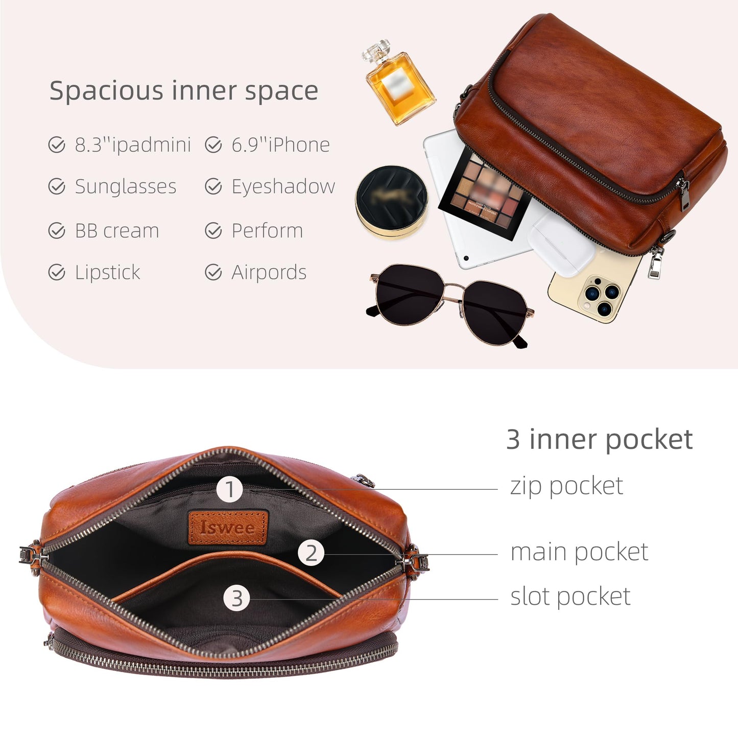 Iswee Genuine Leather Purses and Handbags for Women Crossbody Bags Small Fall Purse Travel Satchel Shoulder Handbag with Guitar Strap Pocketbooks Everyday Bag (Brown)