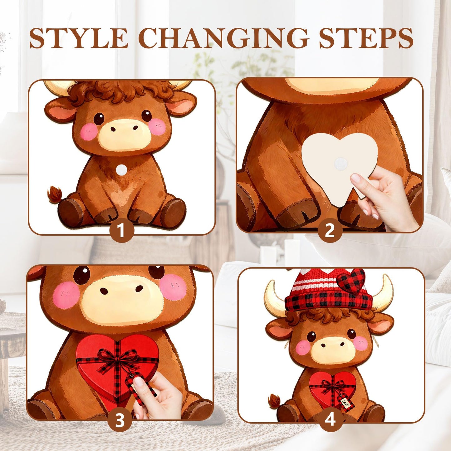 Interchangeable Wooden Highland Cow Decorations, Christmas Hanging Wall Door Decor, Holiday Seasonal Decor and Detachable Hats Welcome Sign, Farmhouse Hanging Sign for Front Door, 32 PCS
