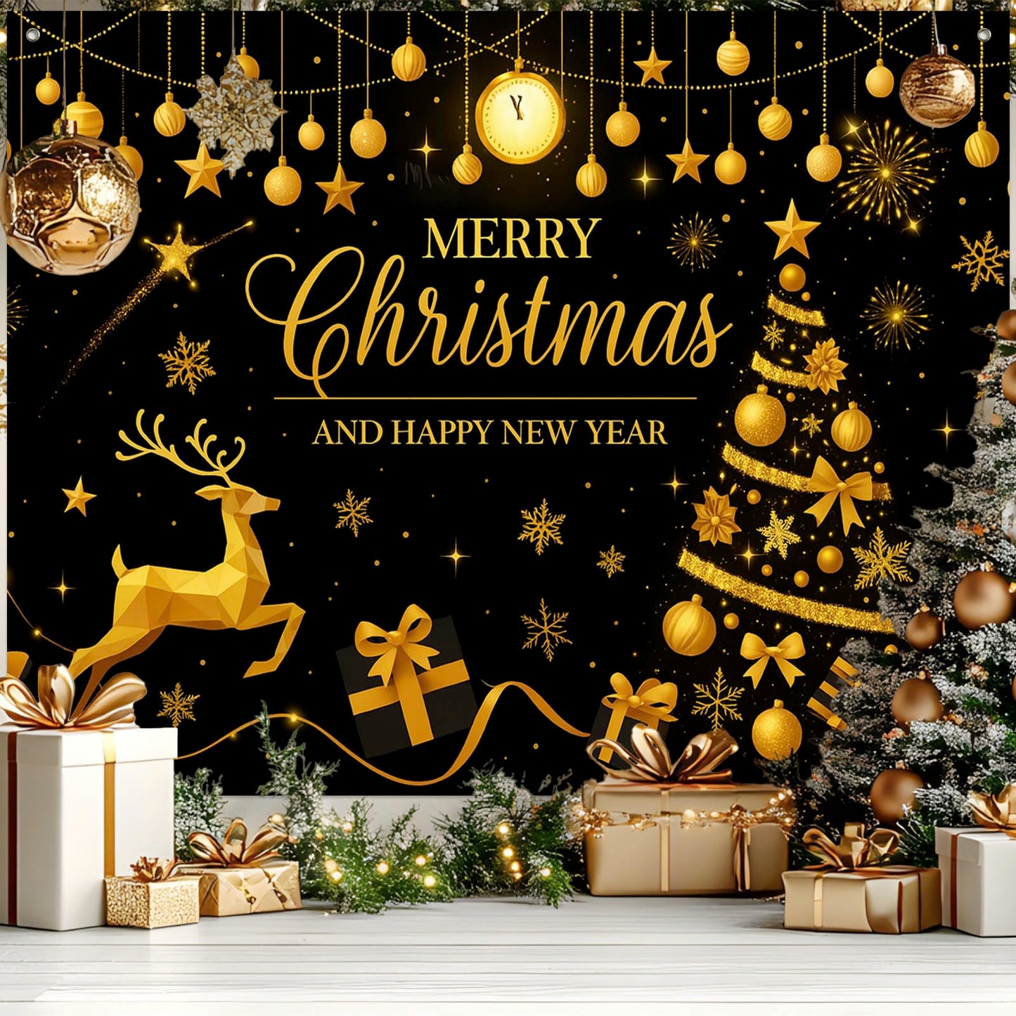 HOMETITUTE Black Gold Merry Christmas Backdrop 8×6ft Holiday New Year Photo Background Party Decoration Banner Golden Tree Reindeer Gifts Photography Backdrop