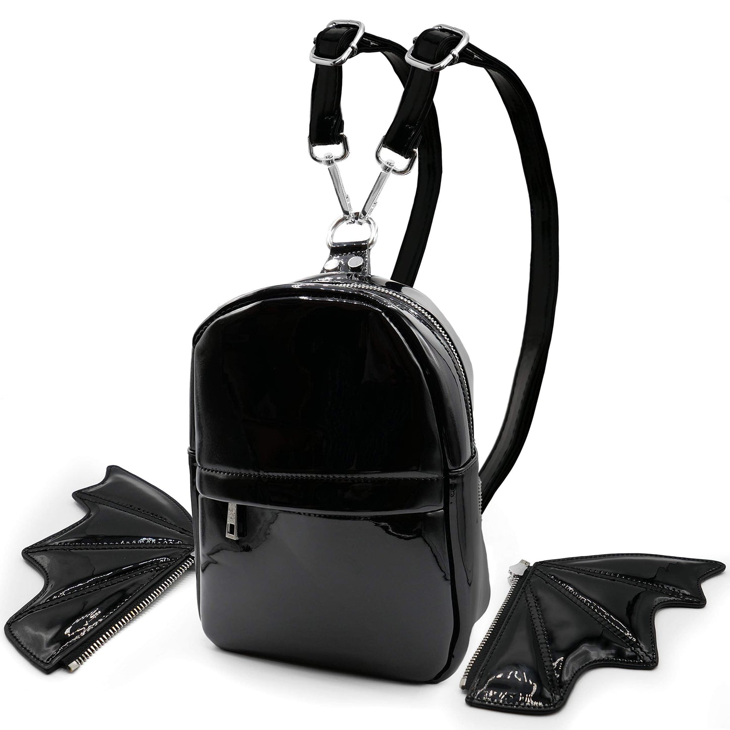 Prime Original Women Fashion Mini Backpack | Detachable Bat Angel Wing Shoulder Bag (Black Patent)