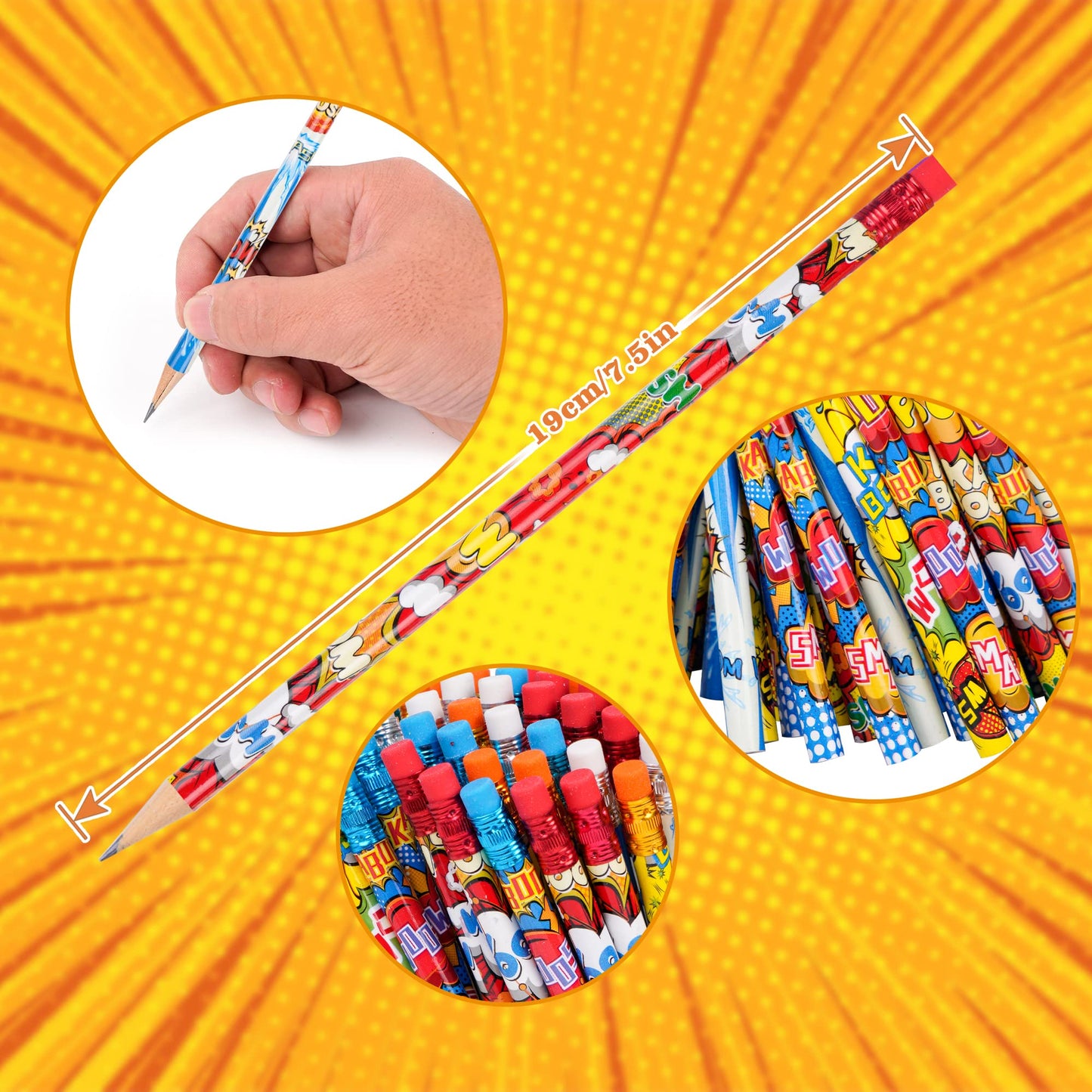 Kolewo4ever 200 Pieces Hero Text Pencils Cylinder Wood Pencils Pow Snap Wham Bang Elements Pencil 4 Style Assorted Students Pencil for Classroom Rewards Carnival Prizes