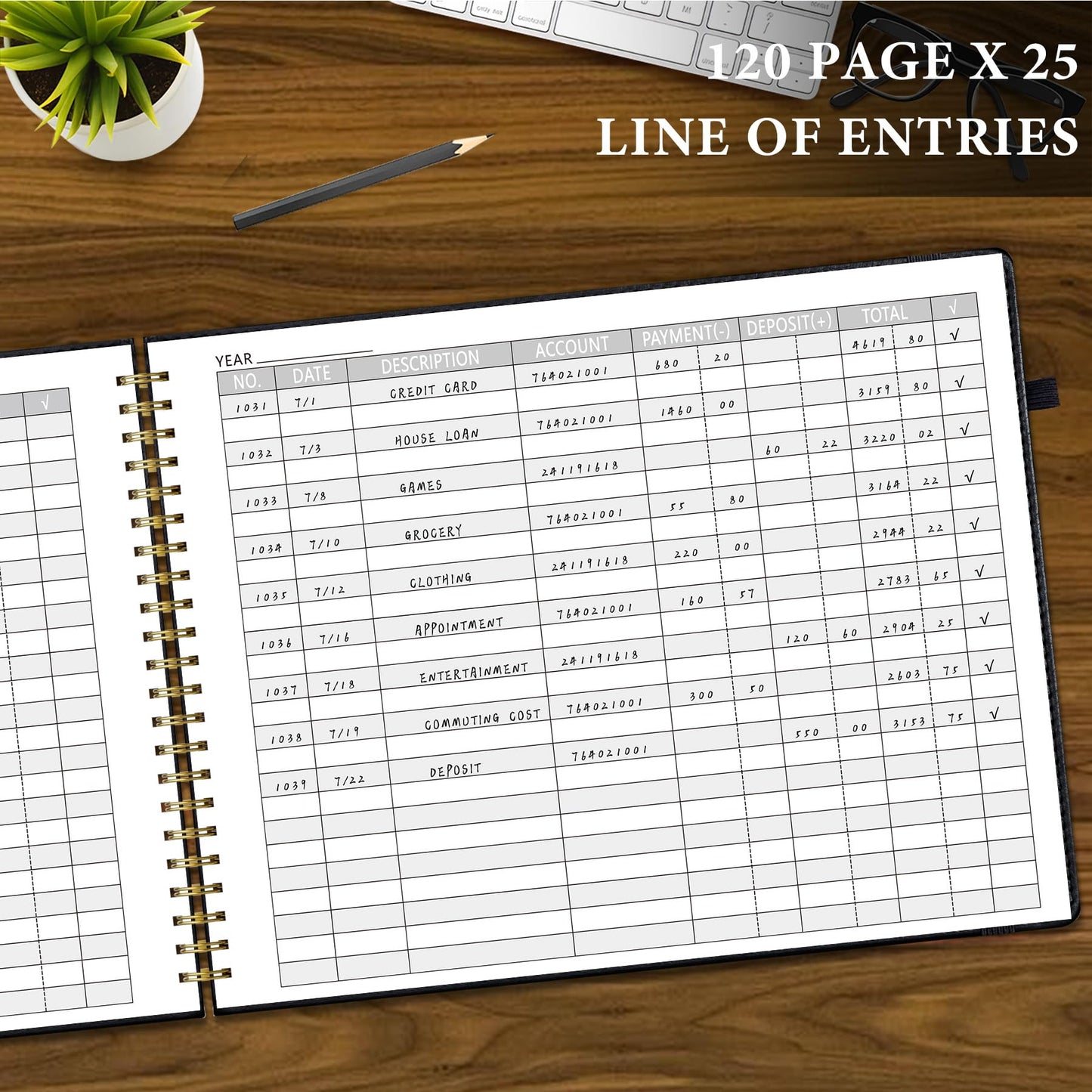 AKONEGE Accounting Ledger Book for Personal & Small Business Bookkeeping, Horizontal Income and Expense Tracker Notebook with Calendar, Hardcover Columnar Log Journal 10.78'' x 8'', Black