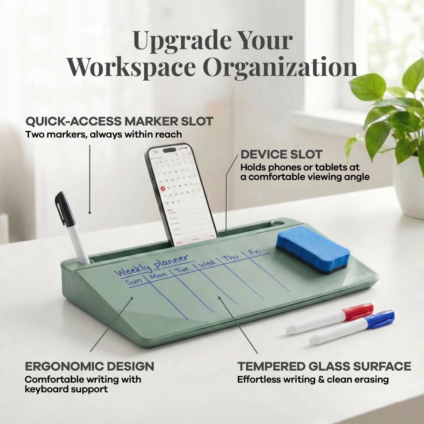 Birch Small Desktop Glass Whiteboard & Magnetic Calendar – Dry Erase Desk Pad Keyboard Stand with Storage, Adjustable Dividers, 3 Markers & Eraser – Office, Home & School (Moss)