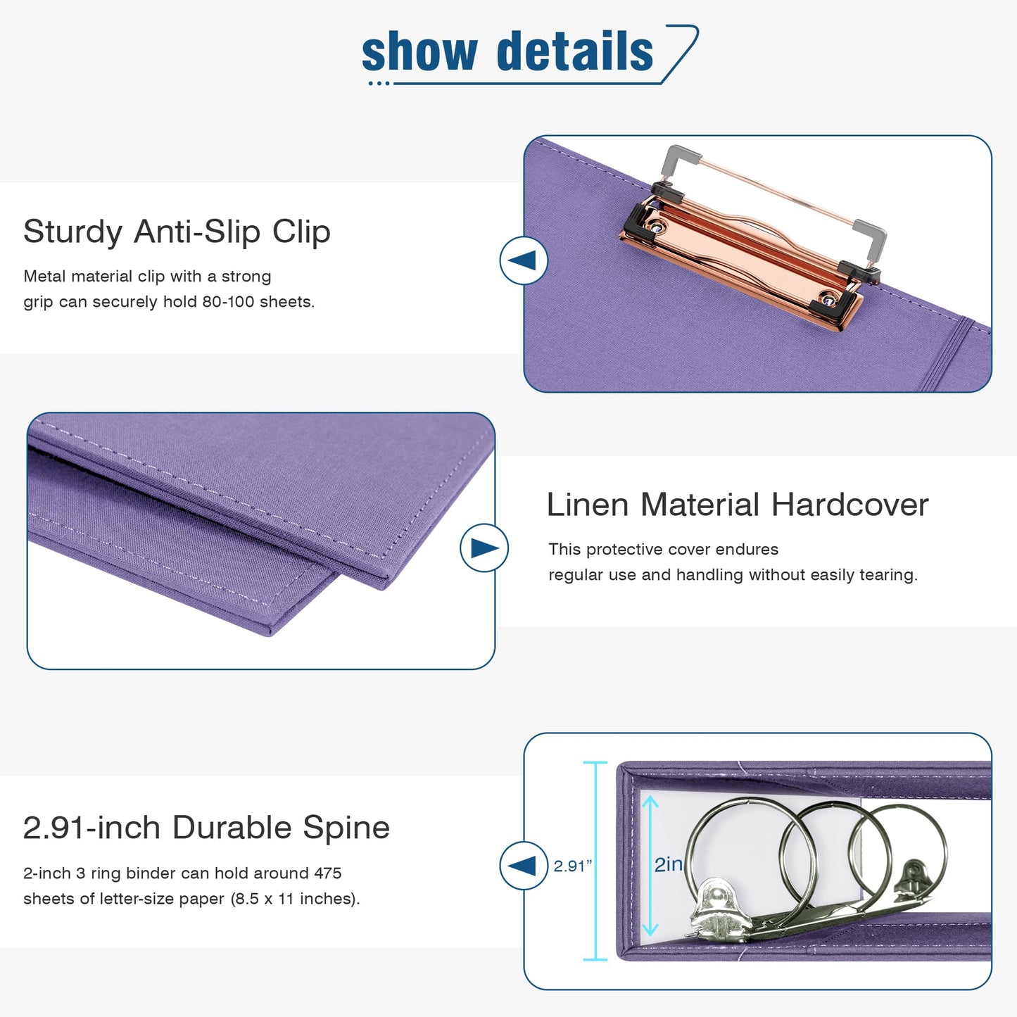 Ospelelf 2 Inch 3 Ring Binder Organizer with Zipper Pouch, Purple Linen Clipboards Portfolio (8.5" x 11"), 5 Plastic Folders with 10 Pockets, Hardcover School Binder
