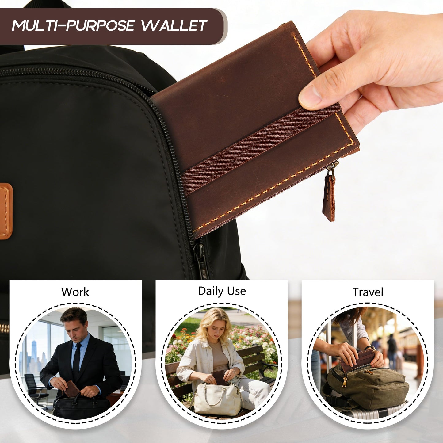 Robrasim Leather Wallet for Men and Women, Handmade Detachable Chain Wristlet Long Bifold Clutch with Large Capacity Zipper Coin Pocket (Coffee, 7.87"x4.17")