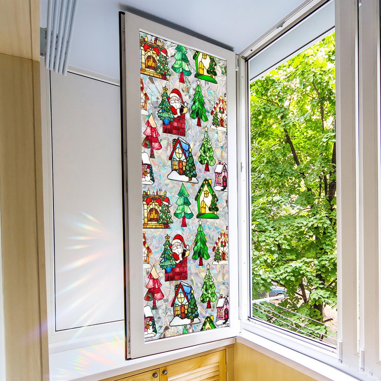 Christmas Tree Window Privacy Film Stained Glass Stickers Christmas Santa Claus Privacy Rainbow Decals Living Room Sun Blocking Decor Xmas Static Cling Stickers for Party Decor 17x 39.3 Inch