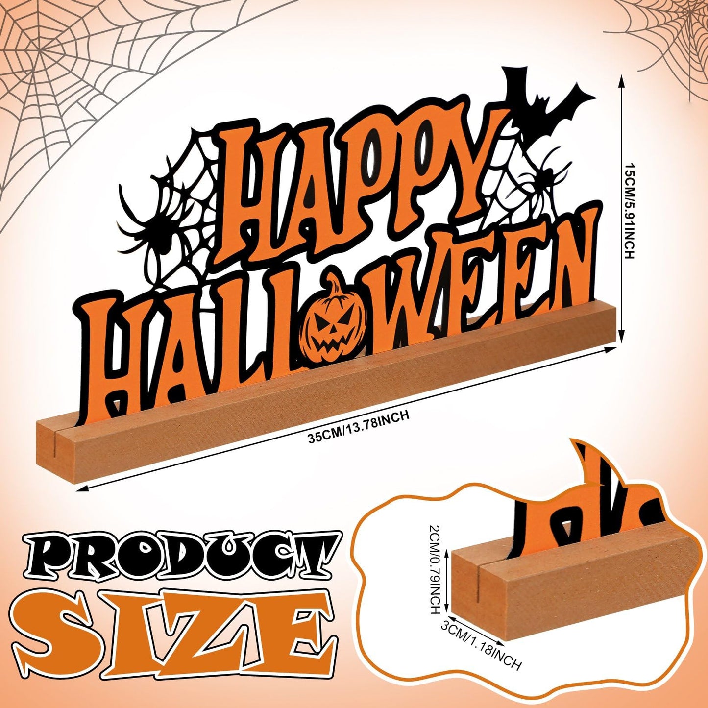 Yaocom 13.78 Inch Happy Halloween Sign Metal Halloween Decorations for Home Letter Tabletop Decoration with Wooden Base Cutout Word Table Centerpiece for Home Tiered Tray Centerpiece Mantel Shelf