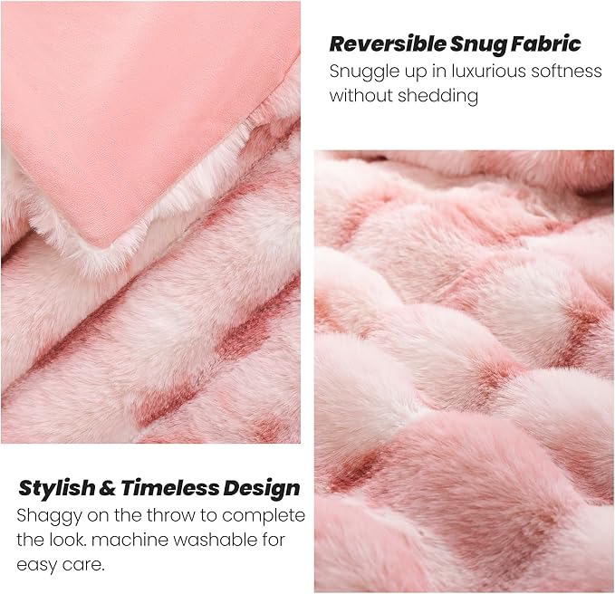 Touchat Luxury Faux Rabbit Fur Throw Blanket for Couch, Super Heavy Warm Cozy Blanket for Sofa Bedroom Living Room, Ultra Soft Fluffy Reversible Plush Blanket for Home Decor Gifts, Tie-dye Pink