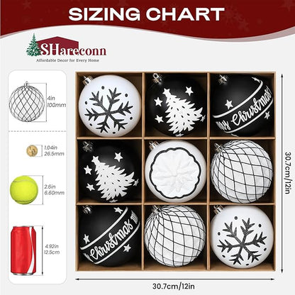 SHareconn 100MM/4 Inch 9PCS Large Christmas Balls Ornaments, Shatterproof Plastic Hanging Big Baubles Set for Xmas Tree Decoration Holiday Party Wedding Decorations with Hook,Black and White