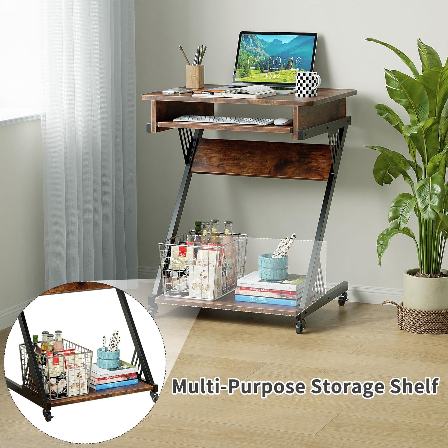 ALISENED Computer Desk for Small Spaces, 23.6" Z-Shaped Compact Study Table with Smooth Keyboard Tray with Wheels and Bottom Shelves for Home Office, Computer Cart Mobile Laptop Cart, Rustic Brown