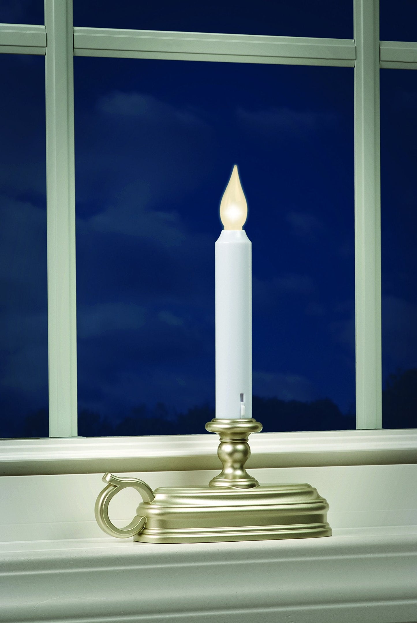 Battery Operated LED Flameless Window Candle Pewter/Silver Finish with Dusk to Dawn Sensor and White Flame