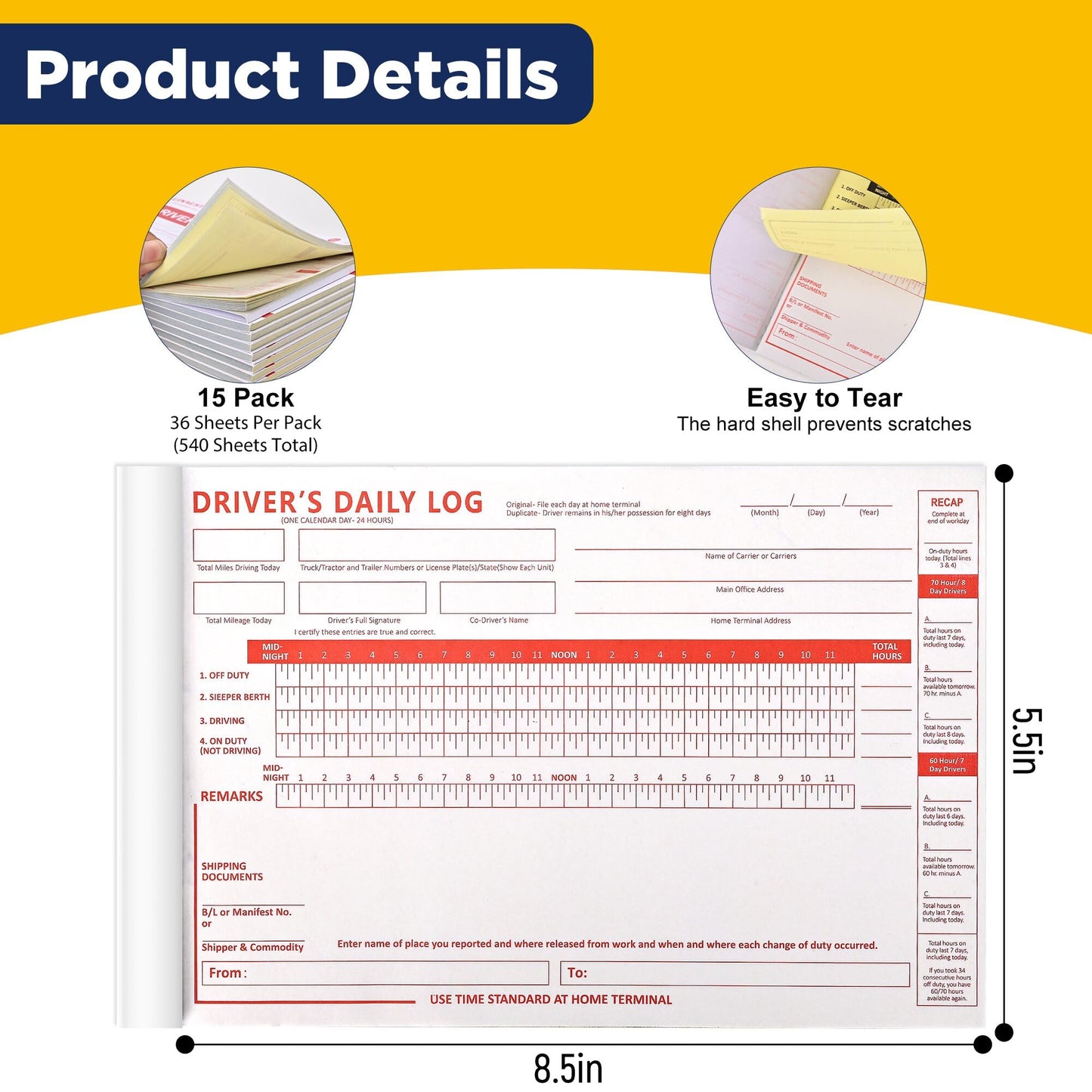 15 Pack Daily Log Books for Truck Drivers with 7 & 8 Day Recap, Driver Log Books with Grid Sample, 2-Ply Carbonless, 36 Sets of Forms per log book, 8.5" x 5.5" , Meet Requirements