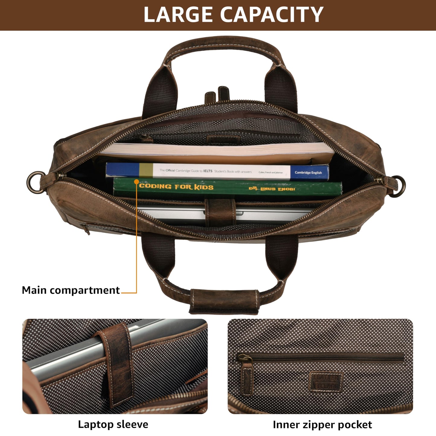 LEATHER VILLAGE 16" Leather Laptop Messenger Briefcase Bag for Men-Leather Satchel for Travel and Office Shoulder Bag- Rustic Brown