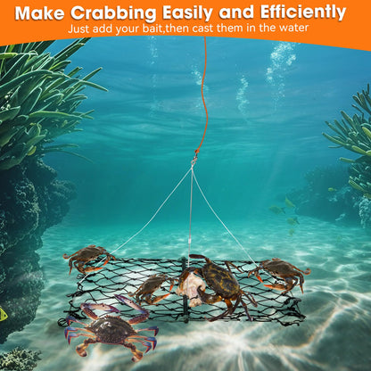 QualyQualy 4 Set Castable Crab Trap Kit, Foldable Crabbing Net with Rope & Bait Clip, Crab Snare/Pots/Traps for Blue Crabs, Dungeness, Crawfish Portable Crabbing Equipment