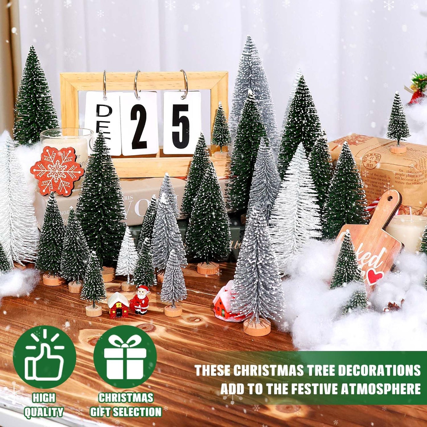 30Pcs Mini Christmas Trees Artificial Christmas Tree Bottle Brush Trees with Wooden Base for Christmas Decor Party Home Table Craft Decorations(Green+Silver+White)