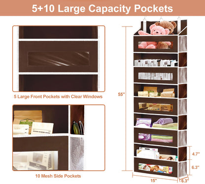 2 Packs 5-Tier Over The Door Organizer with 10 Side Mesh Pockets, 48 lbs Load Capacity, 3 Hooks Design, Hanging Organizer with Clear Windows for Bathroom, Bedroom, Nursery, Kitchen-Grey