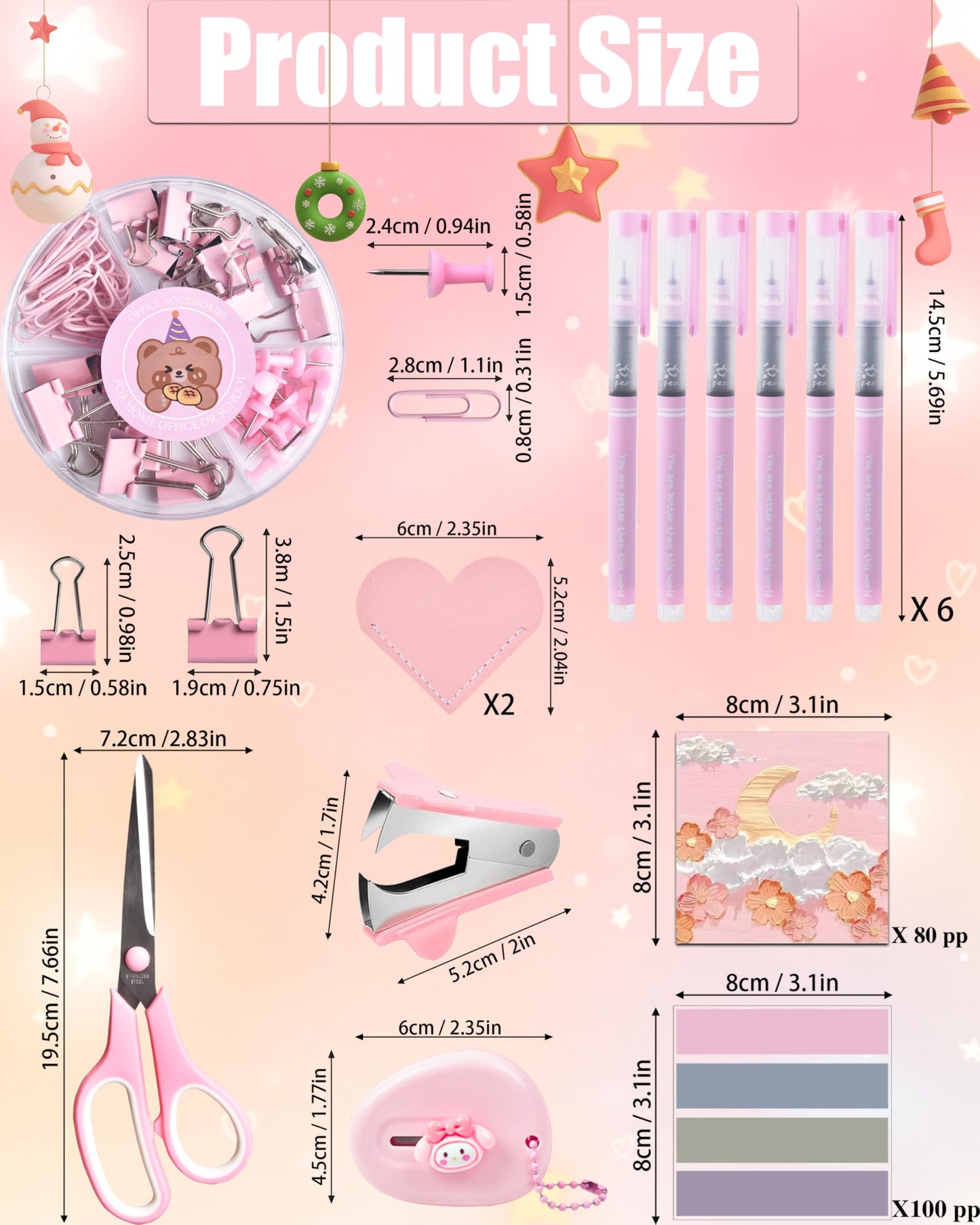 Pink Desk Accessories, 24Pcs Pink Office Supplies and Desk Organizers, with Tape Dispenser, Stapler, Staple Remover, Ect, Gift Box Packaging