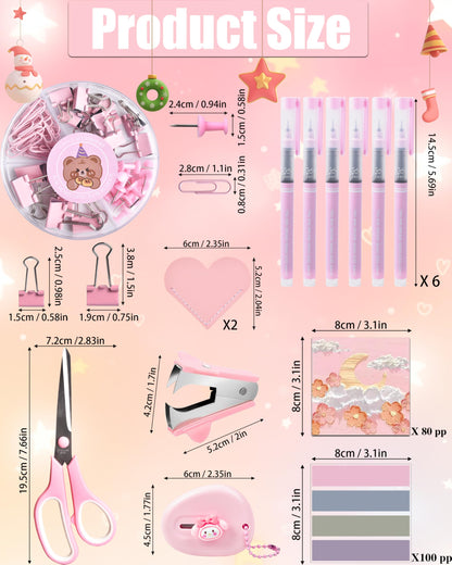 Pink Desk Accessories, 24Pcs Pink Office Supplies and Desk Organizers, with Tape Dispenser, Stapler, Staple Remover, Ect, Gift Box Packaging