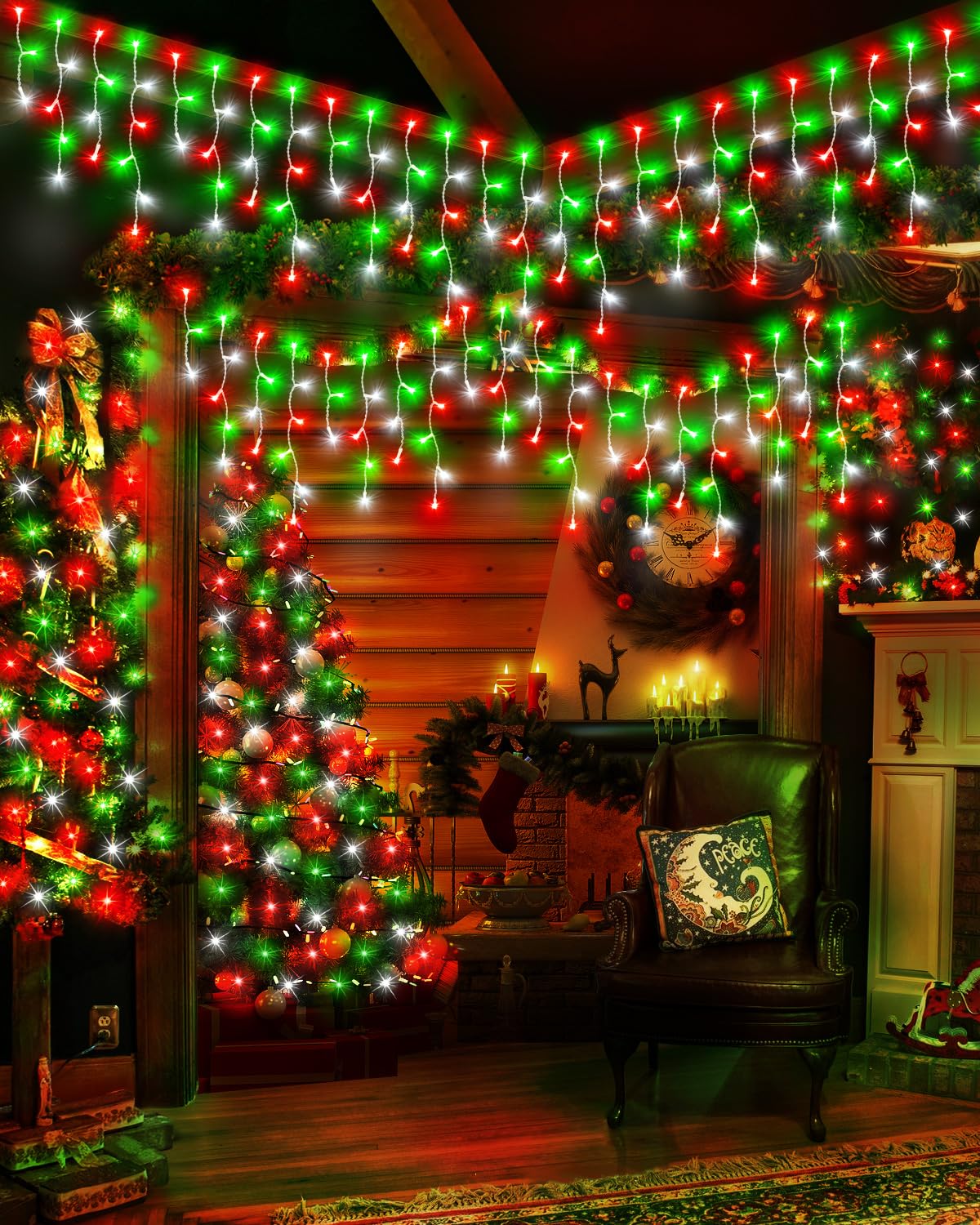 Christmas Lights Outdoor, 53 FT 486 LED Christmas Lights for Outside, Timer & Memory, Plug in 8 Modes Hanging Fairy Light with 108 Drops for House Eaves Yard Patio Decorations, Red Green and White