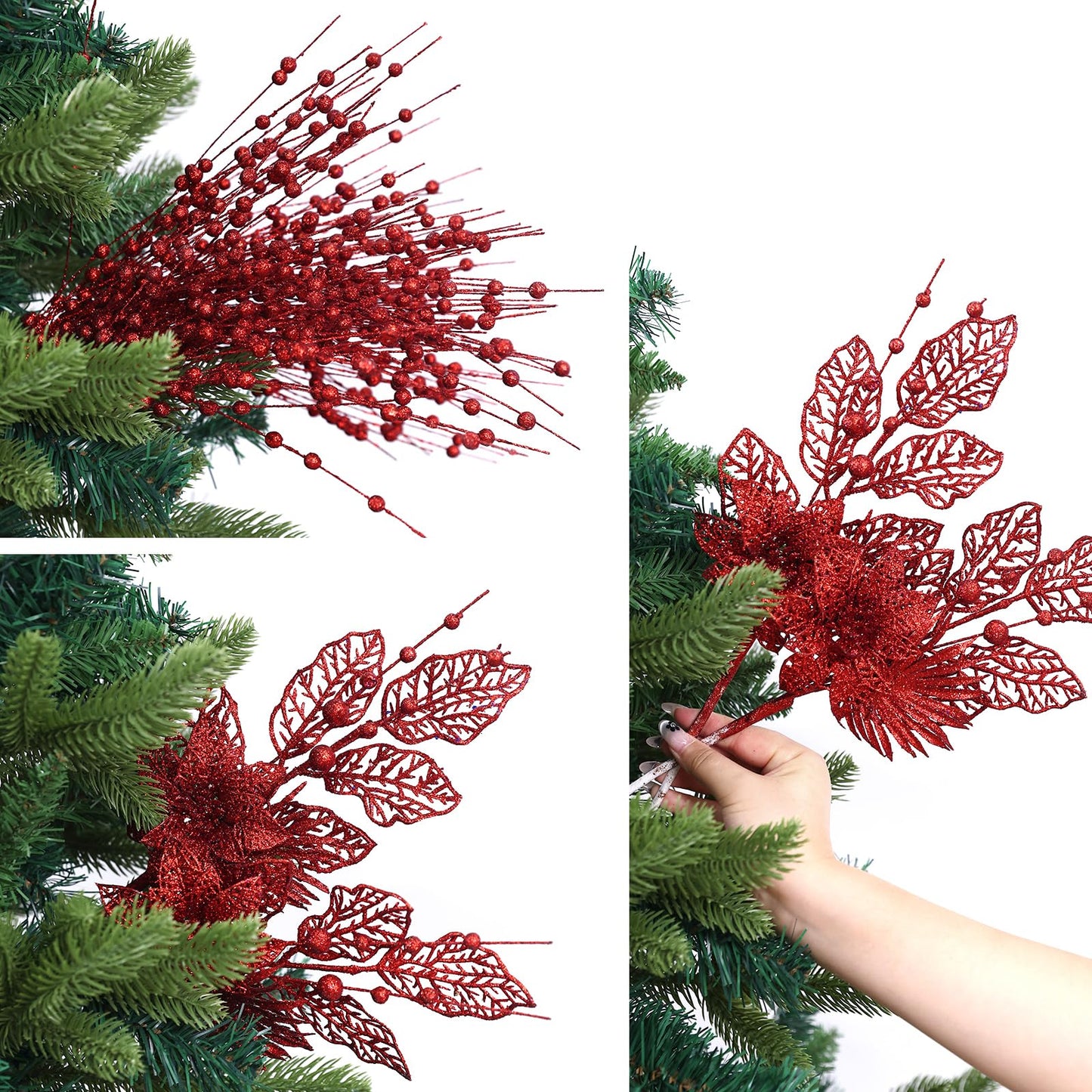 24 Pack Christmas Tree Ornaments - Artificial Flowers Glitter Berry Stems Christmas Floral Picks Branches for Xmas Tree Decorations Vase Filler Holiday Wedding Party Home Decor (Red)