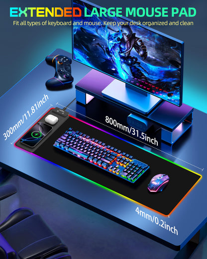 Wireless Charging Mouse Pad, RGB Gaming Mousepad, 31.5"x15.7" Extra Large Desk Pad, 13 Light Modes, Ultra-Smooth Surface, Non-Slip Base, Waterproof Computer Keyboard Mat for MacBook, PC, Laptop, Black