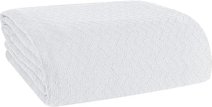 BELIZZI HOME 100% Cotton Bed Blanket, Breathable Thermal Blanket King Size, Soft Chevron 90 inch x102 , Perfect for Layering Any All Season, White