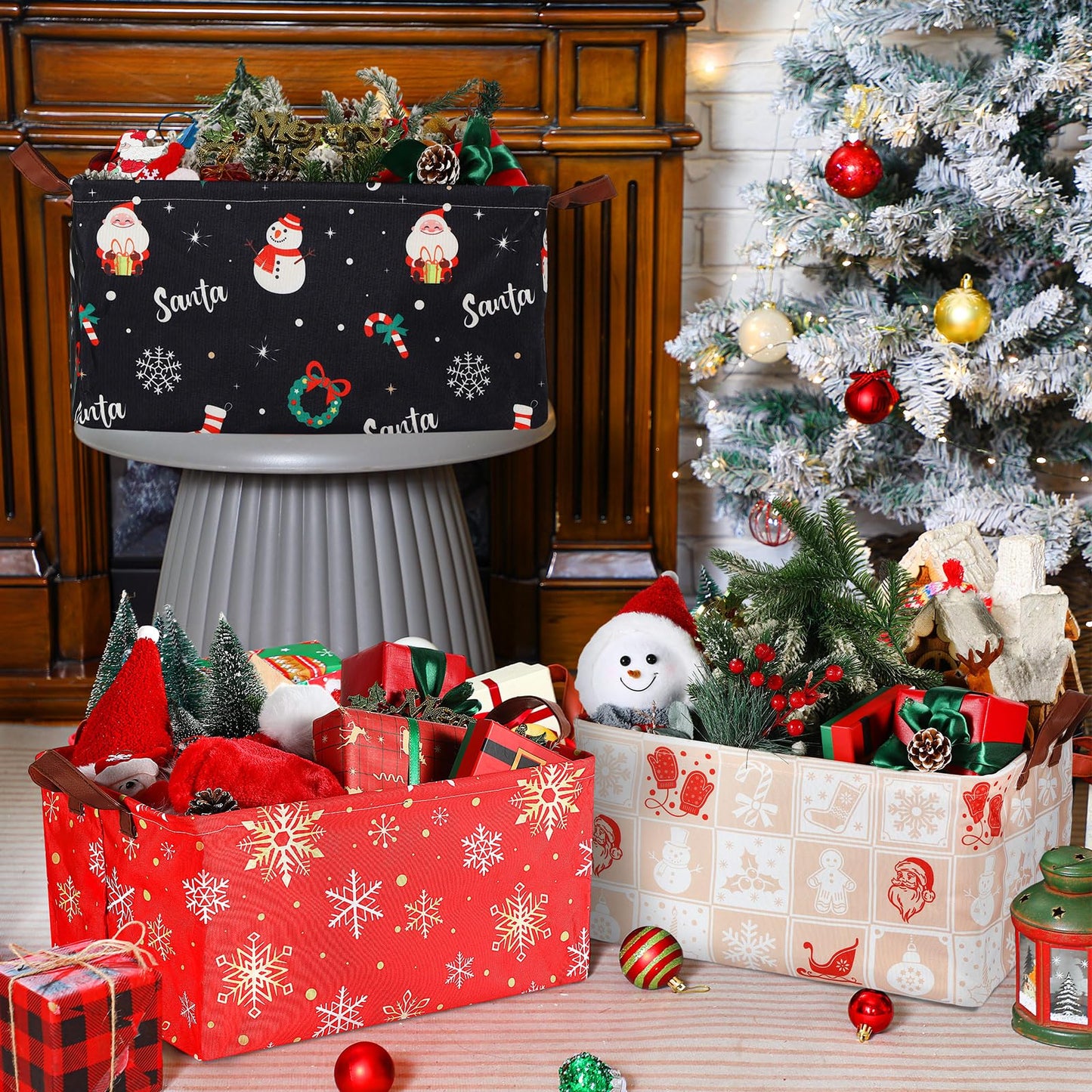 Yoojahow 3 Pack Xmas Christmas Storage Baskets Waterproof Canvas with Leather Handles Collapsible Storage Bins Cube Red Black Baskets for Closet Clothes Room Decor Gift Basket