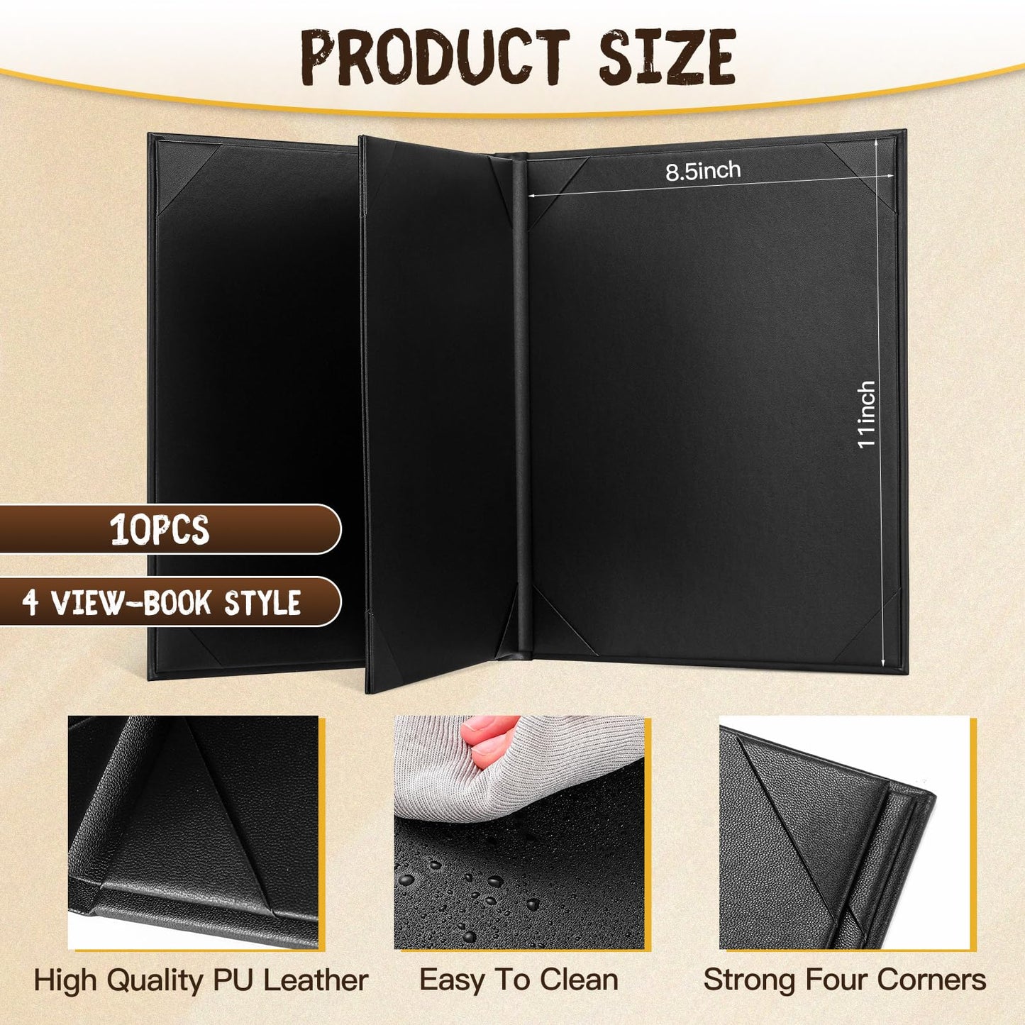 Skyygemm 10 Pcs Leather Menu Covers Holders for 8.5 x 11 Inches, Waterproof Four View Leather Dinner Menu Holder Covers for Restaurant, Hotel, Bar