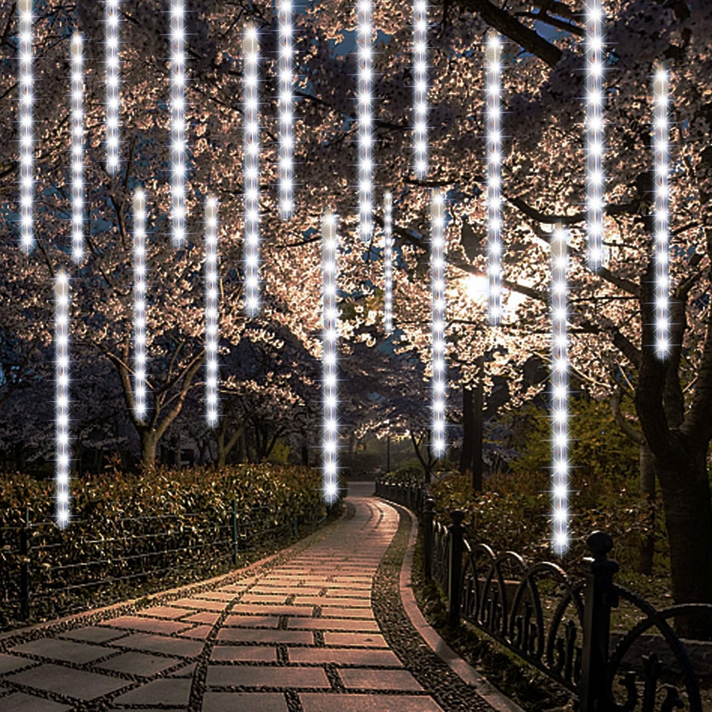 LJLNION 24 Tubes Meteor Shower Lights, Outdoor Icicles Christmas Decor, 12 Inch 864 LED Snow Falling Connectable Raindrop Lights, Xmas Wedding Party Tree Holiday Decoration, White