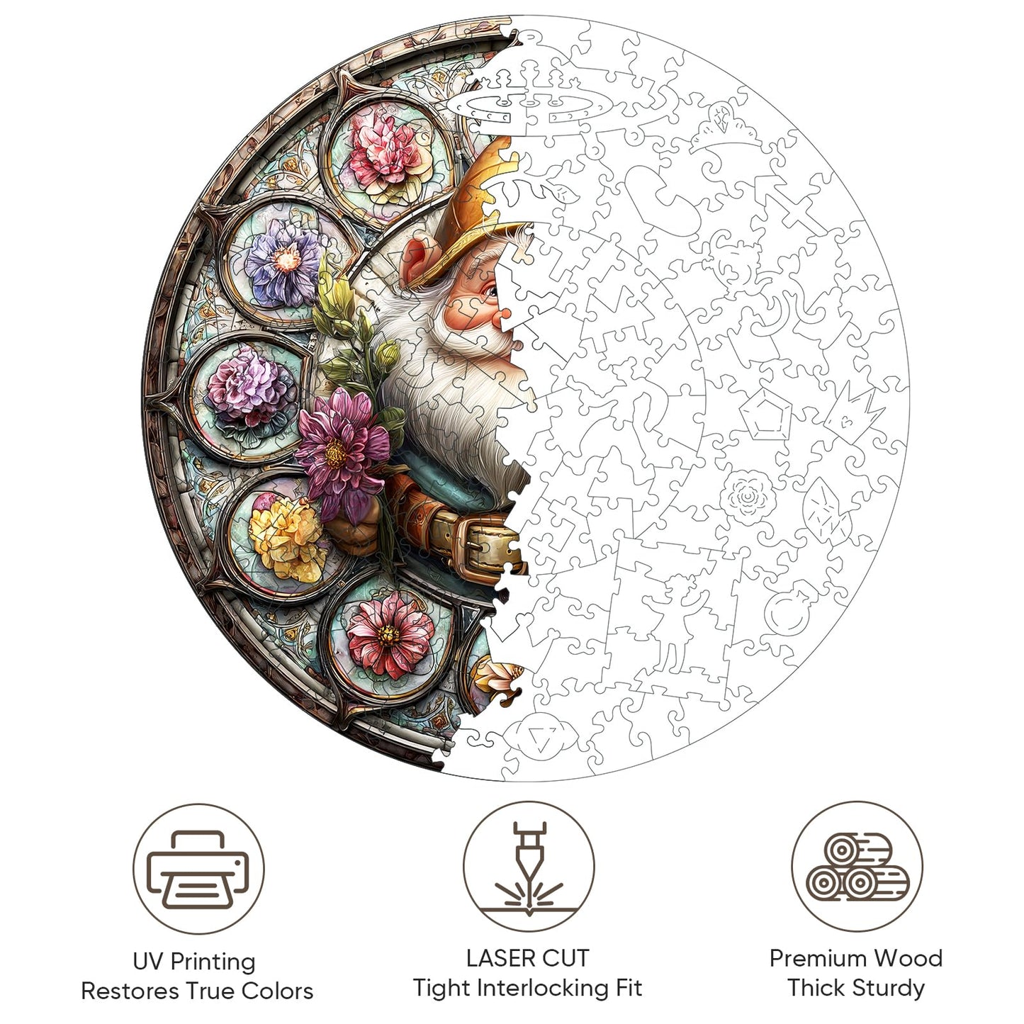 Mocfesk Wooden Puzzles for Adults, 200 Pieces Gnome Jigsaw Puzzles, Unique Shaped Puzzles with Exquisite Wooden Box, Family Game, 11.2'' x 11.2''