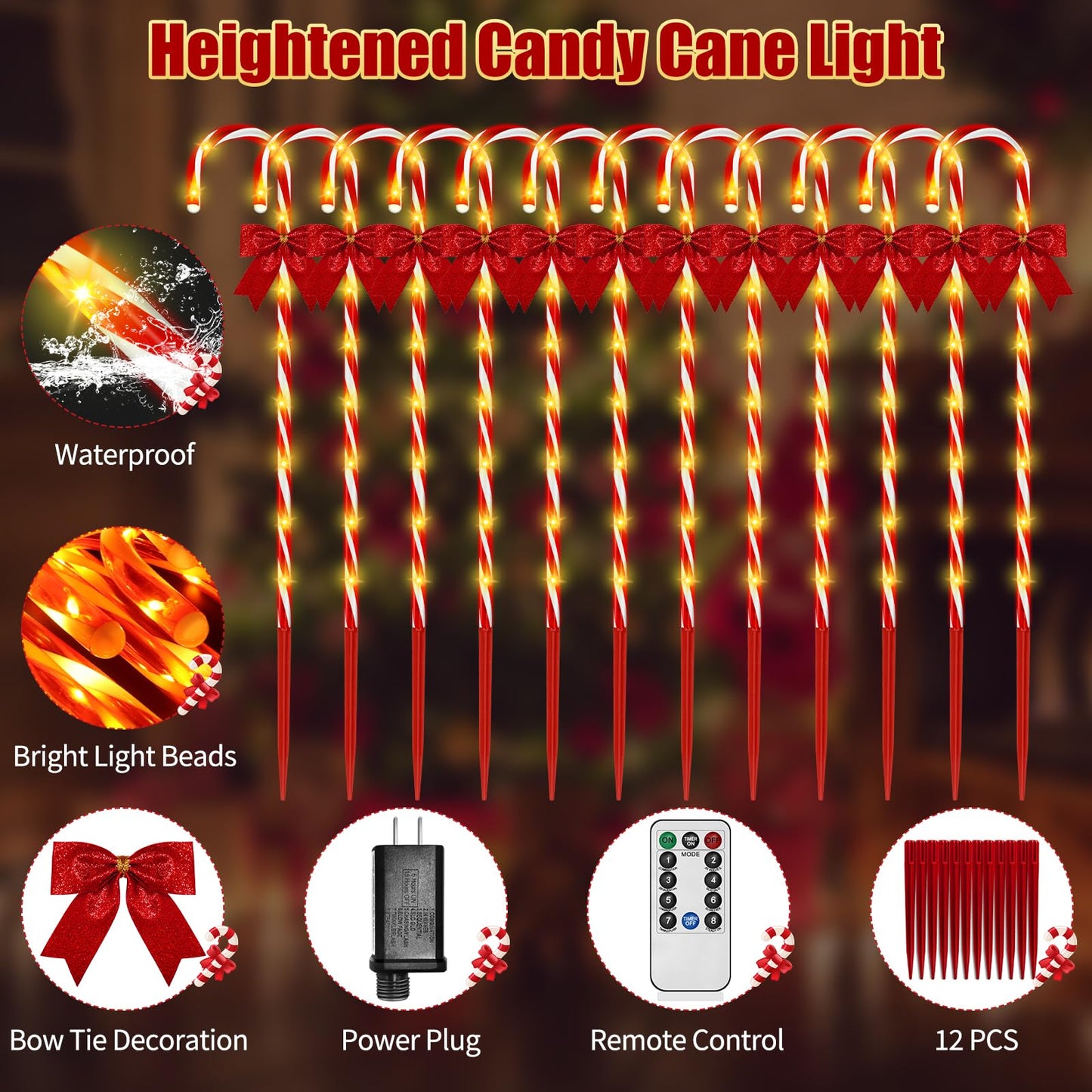 Christmas Candy Cane Pathway Lights, 24PCS 240 LED Christmas Lights Outdoor Decorations with Red Bow Waterproof, 8 Modes Timer Remote Walkway for Xmas Home Yard Lawn Patio Decor