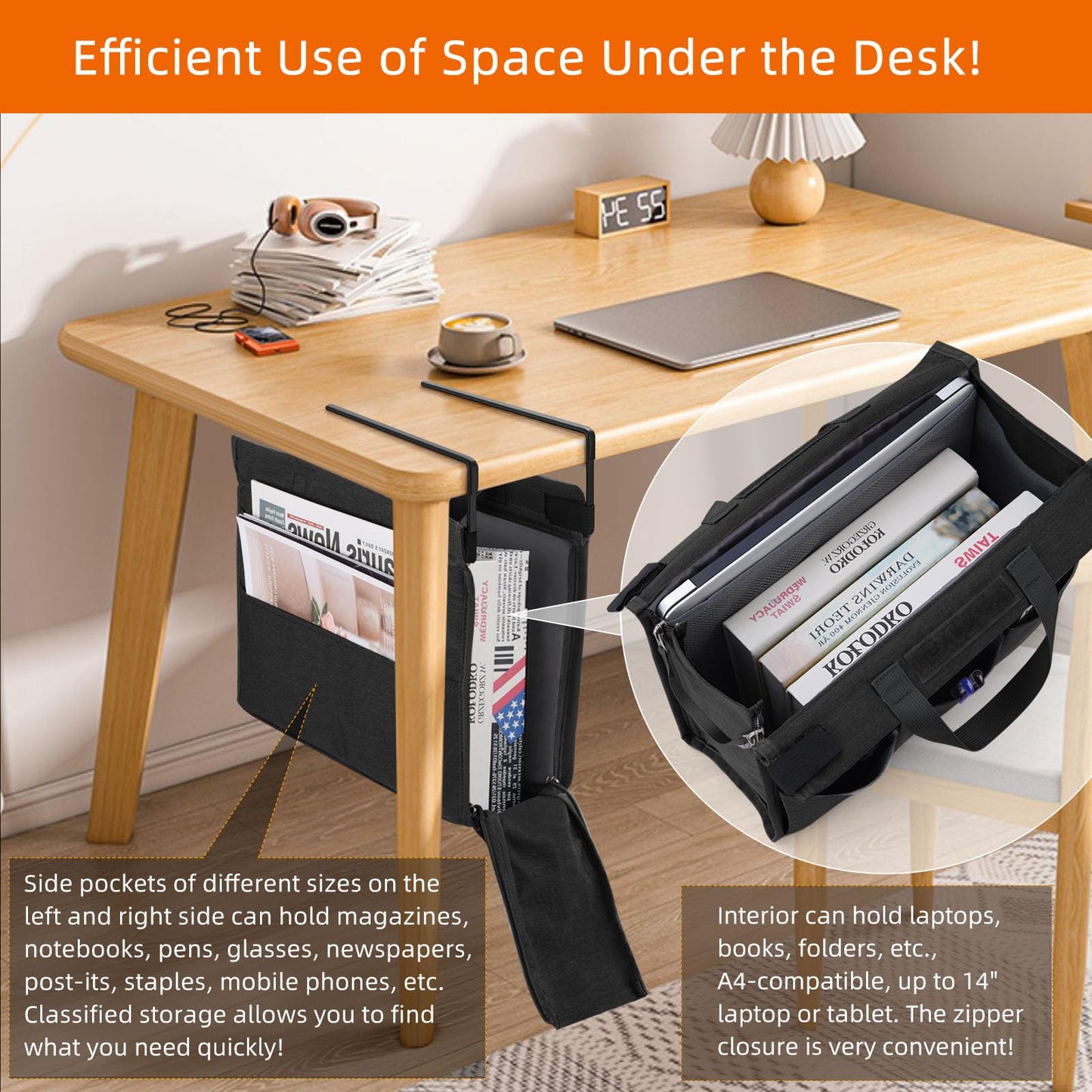 MASTLU Under Desk Hanging Storage Bag, Desk Organizer Storage, Office Side Storage Bag, Compatible with A4 Files, Detachable Handle Design, No Assembly Required, For Office Home School (Black)