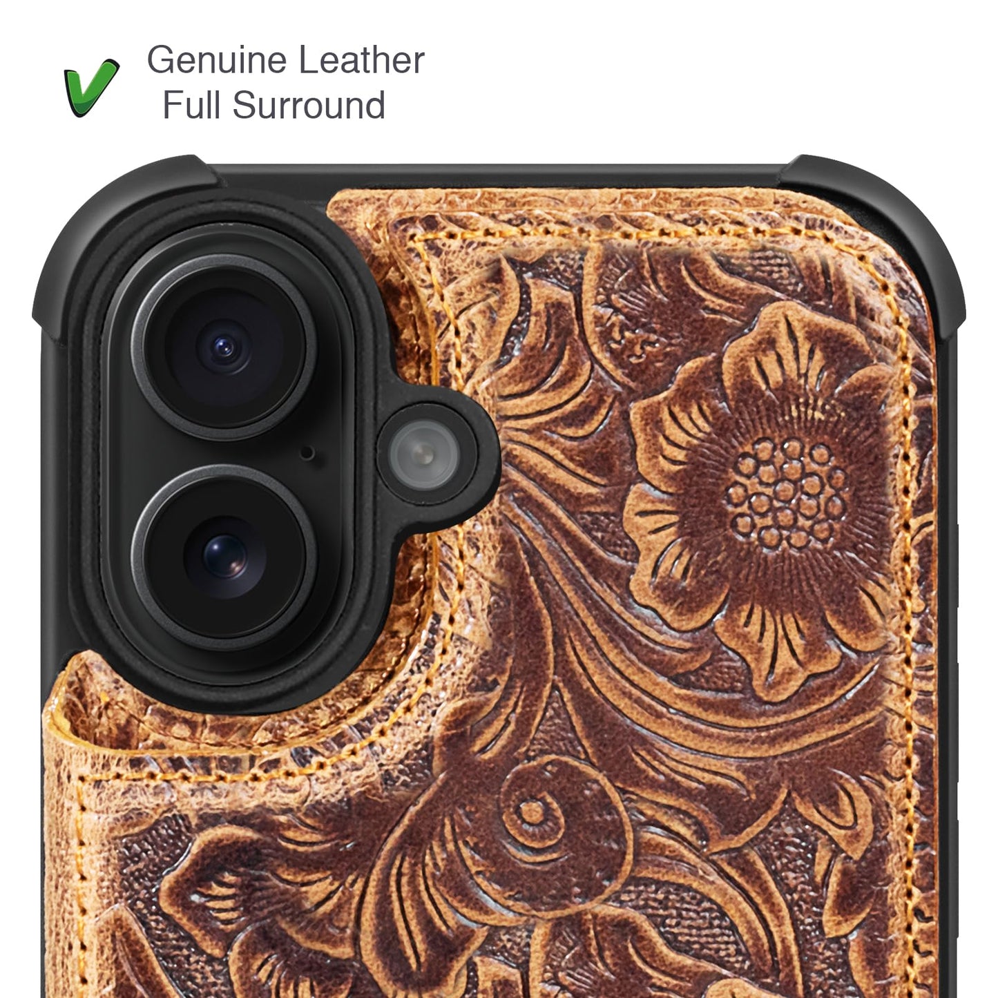 RMAWRAD Wallet Real Leather Case Compatible with iPhone 16 6.1" ，Genuine Leather，Shockproof, Anti-Fall Case, Flip Cover, with Card Slot, Double Magnetic Buckle, Kickstand, Durable Brown