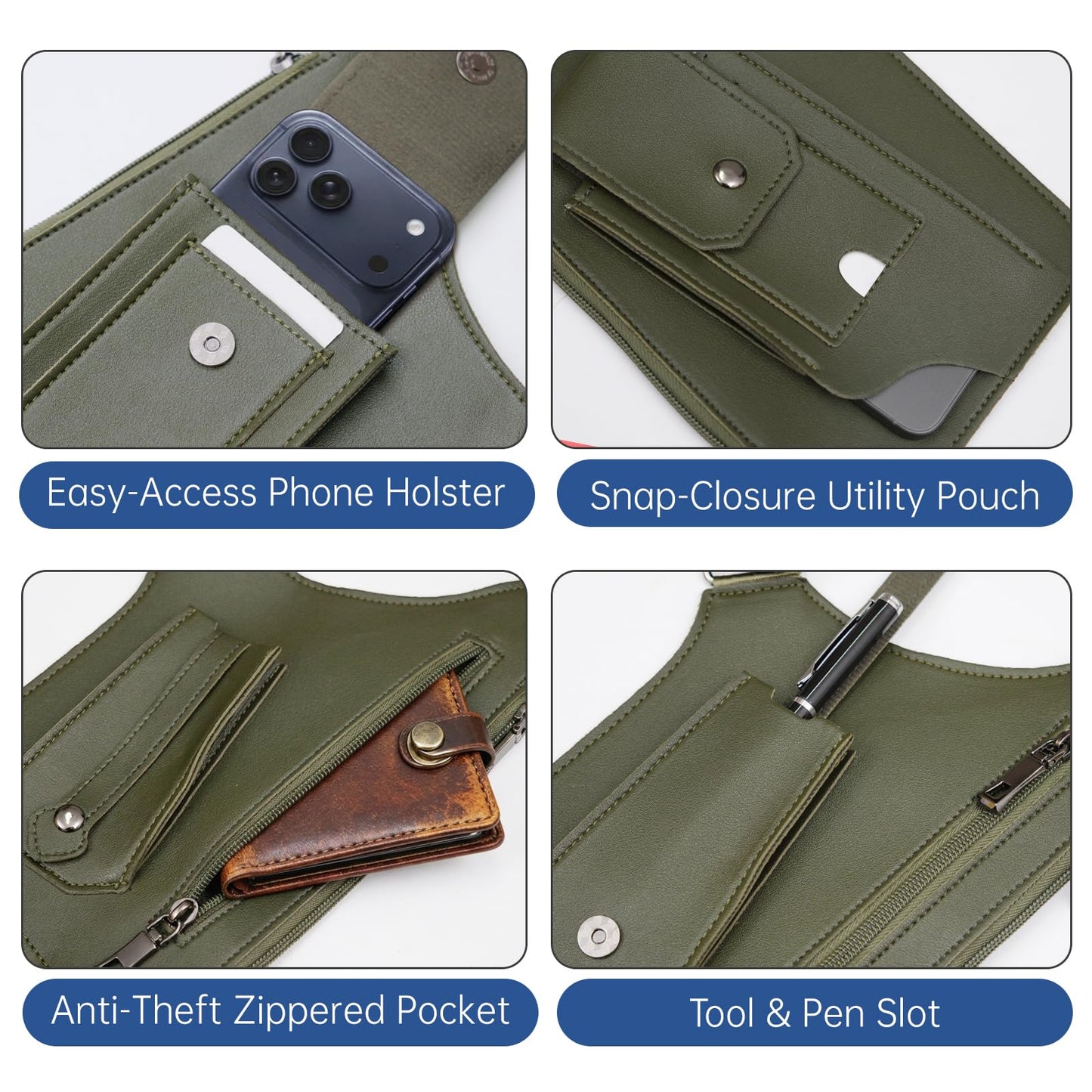 Pawbena Double Shoulder Armpit Bag for Men, Anti-Theft Underarm Shoulder Holster Bag with Adjustable Strap, Hidden Phone Wallet Pocket for Travel & Daily Commute (Army Green)