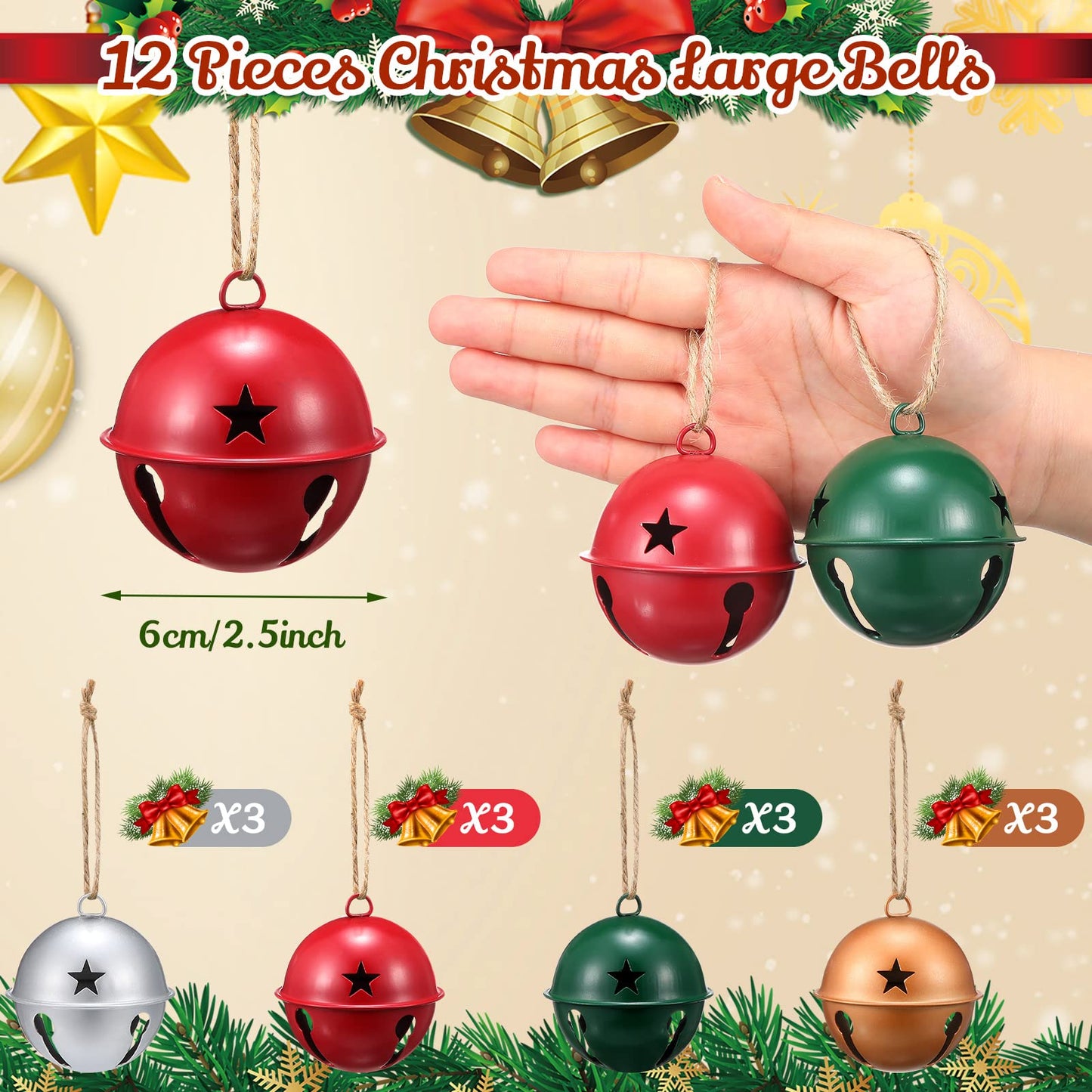 Zubebe Christmas Bells Jingle Bells Large 2.5 Inch Star Cutout Ornament for Crafts Christmas Tree Decor Gift Wrapping(Matte Red, Green, Gold, Silver,12 Pcs)