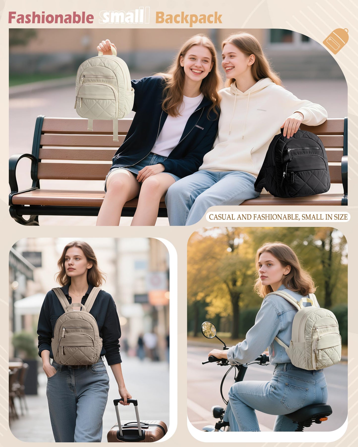 Smasrob Women Mini Backpack with RFID Blocking Pocket, Small Puffer Backpack Purse, Lightweight Quilted Backpack for Work, College or Travel, Beige