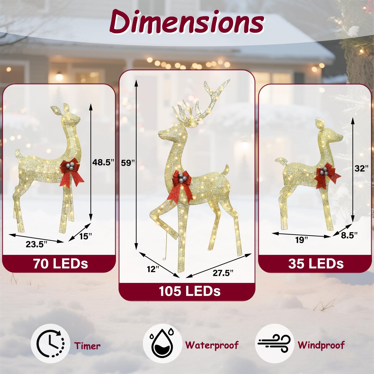 winemana 5ft Reindeer Christmas Outdoor Decorations, Set of 3 Extra Large Deer Yard Decor- Lighted 3D Reindeer Family Set for Outside Lawn Garden Xmas Holiday Party Decor (Gold)