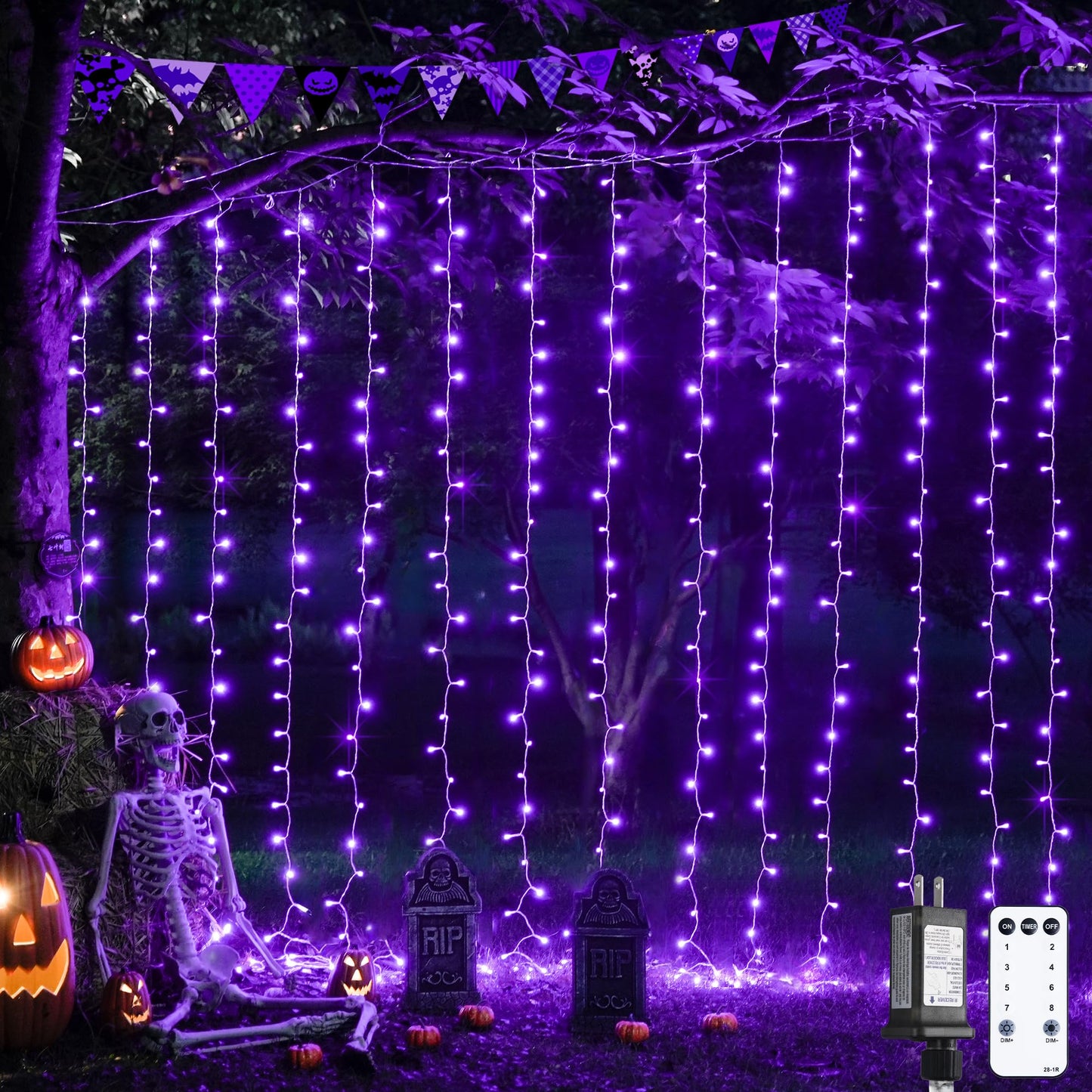 JMEXSUSS 300LED Purple Halloween Lights with Remote, 9.8x9.8ft Curtain Lights Plug in, 8 Modes Hanging String Lights for Indoor, Outdoor, Bedroom, Window, Party, Backdrop, Xmas, Halloween Decorations