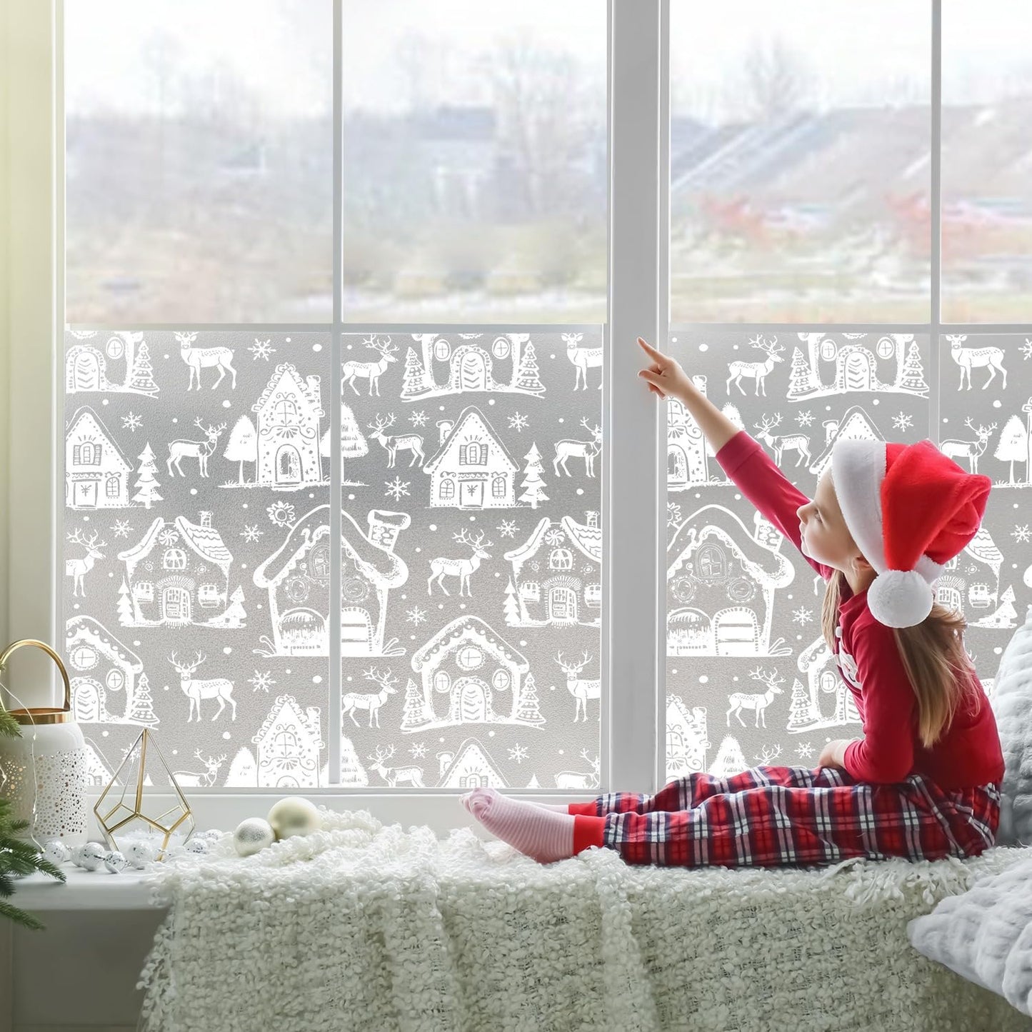 Window Privacy Film Holiday Art Christmas Static Clings Decorative Pure White Christmas House Elk Snowflake Glass Window Film Xmas Static Window Cling Privacy Stickers for Party Glass Supplies