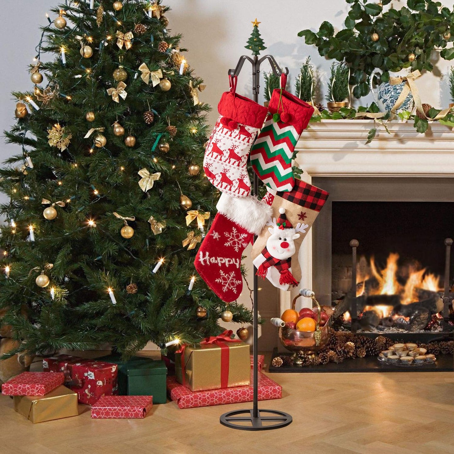CaliDecor 67" H Freestanding Stocking Holder Stand, Christmas Metal Stocking Hanger for Floor with 8 Hooks, Stocking Stand with Cast Iron Christmas Tree Top for Holiday Decor